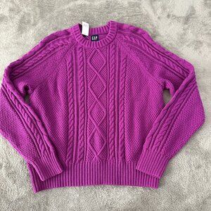 NWT Gap 100% Cotton Cable Knit Sweater Fuschia Shock Purple Crew Neck Preppy